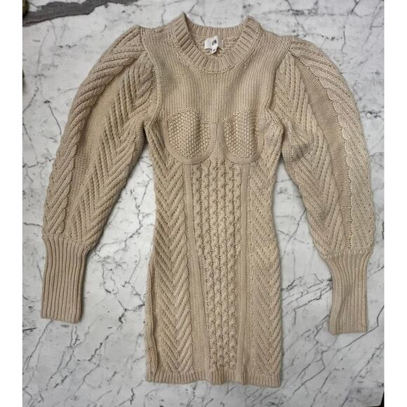 LPA Beige Ambrosia Cable Knit Long Sleeve Mixed Stitch Sweater Dress XS Ivory - Picture 2 of 3